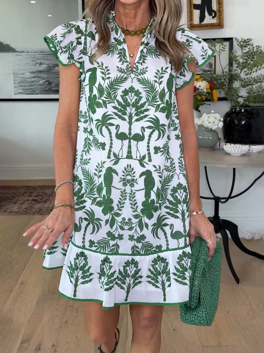 Floral Print Band Collar Flutter Sleeve Dress