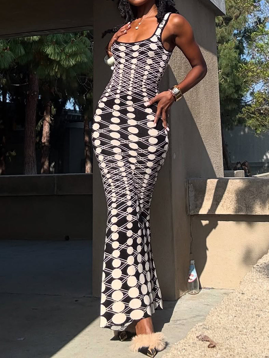 （Limited time offer 43$💥）Black & White Geometric - Print Bodycon Maxi Dress