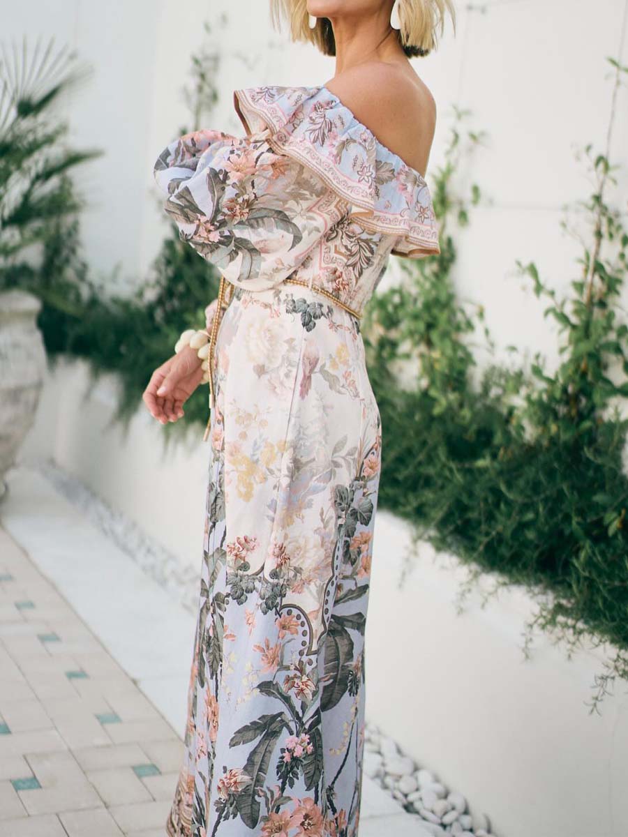 Printed Sexy Off Shoulder Lantern Sleeve Dress