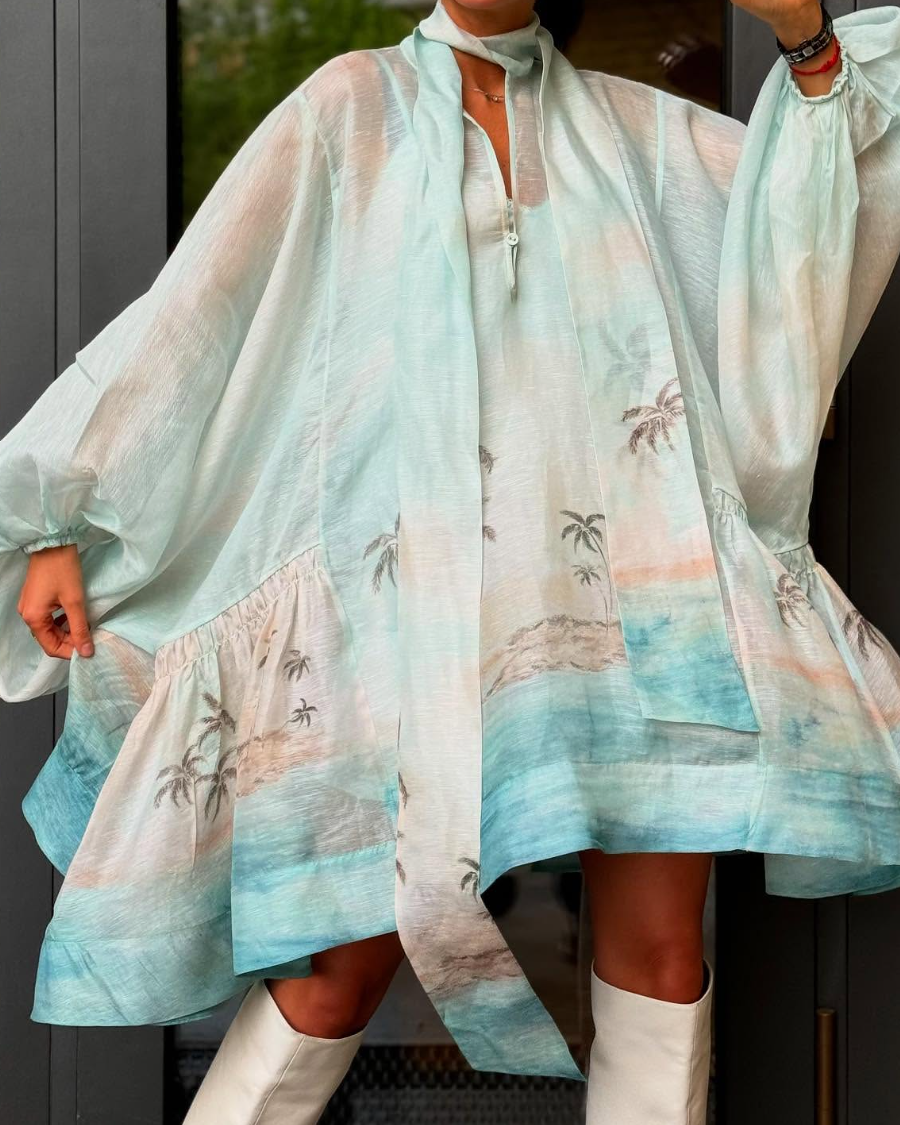 Bow Lantern Sleeves Sea View Coconut Print Dress
