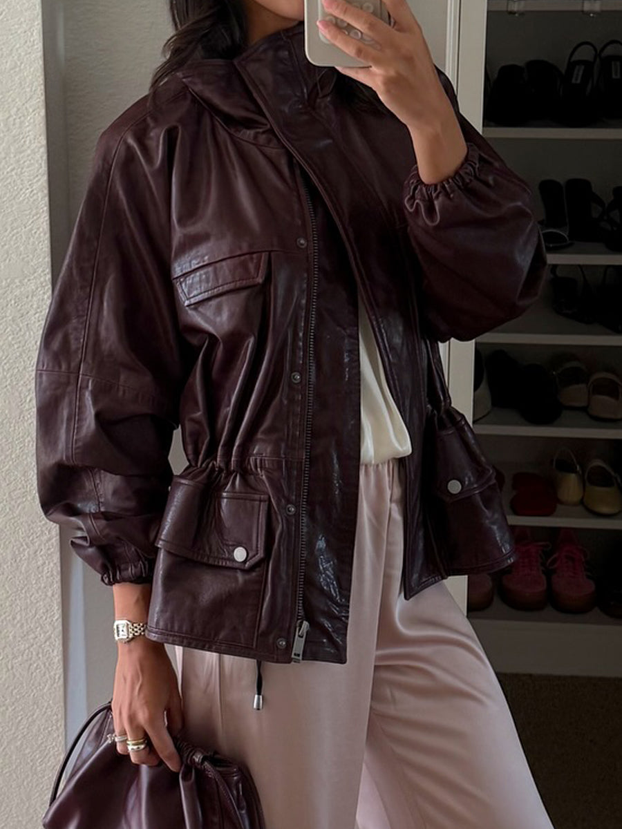 Stand Collar PU Elastic Cuffs Jacket