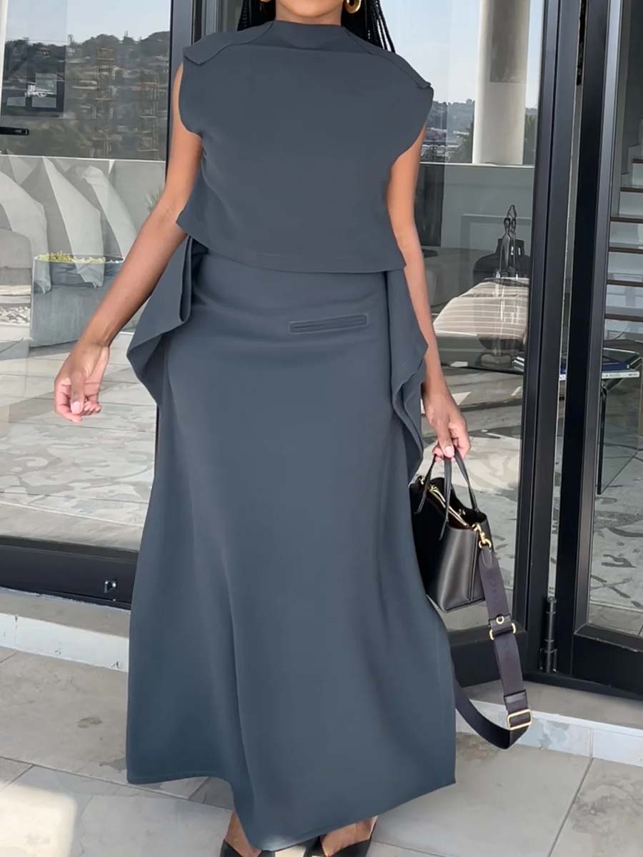 Monk Neck Irregular Two Pieces Dress