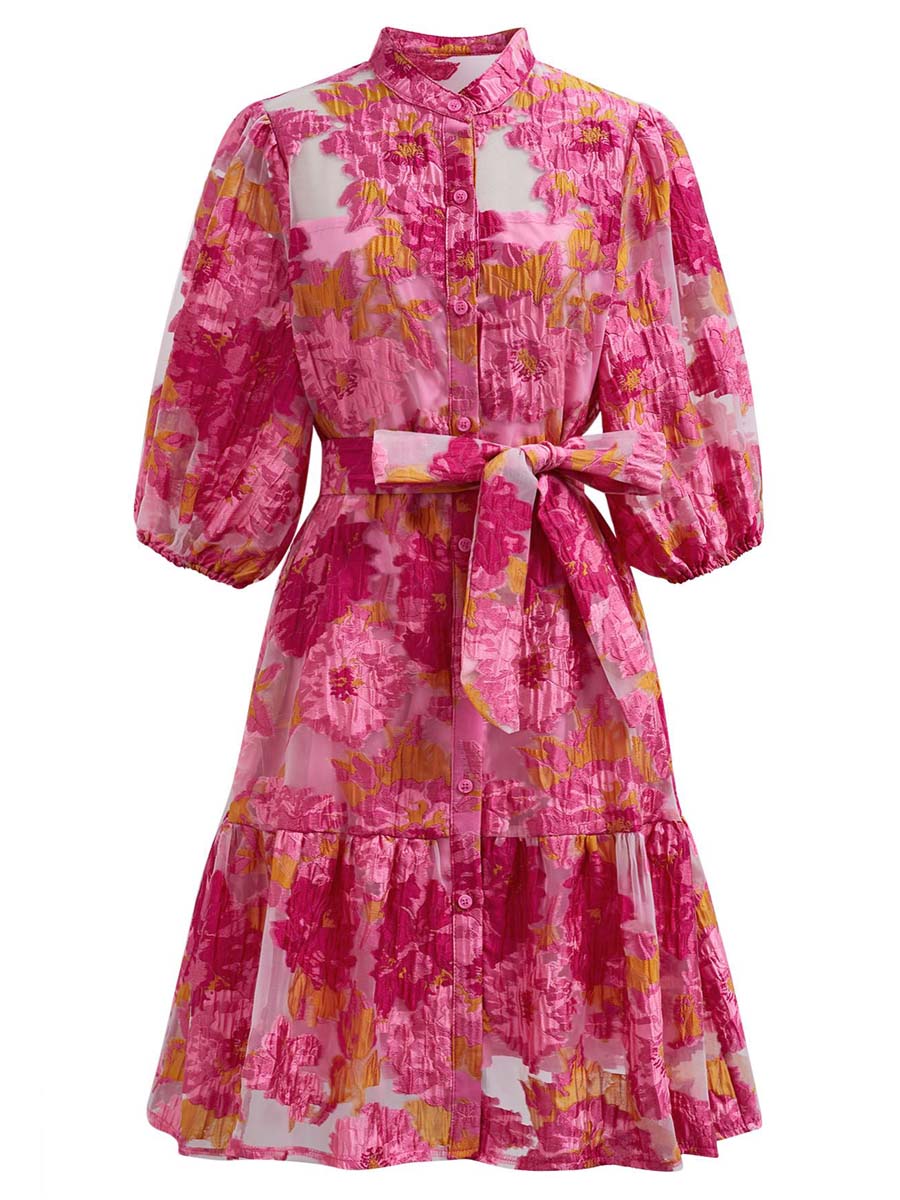 Floral Jacquard Puff Sleeves Organza Dress