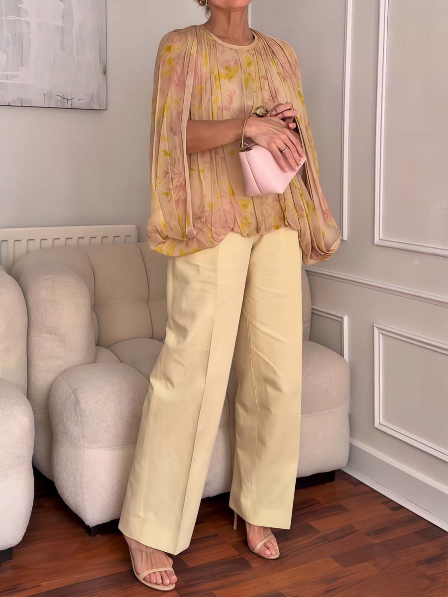 Puff Sleeve Asymmetric Hem Printed Shirt