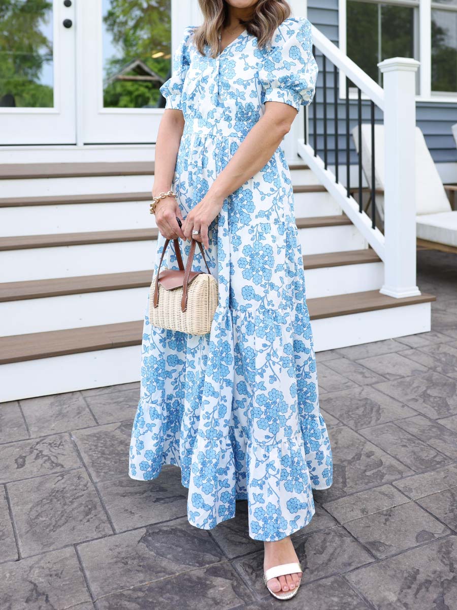 Printed V Neck Puff Sleeve Maxi Dress