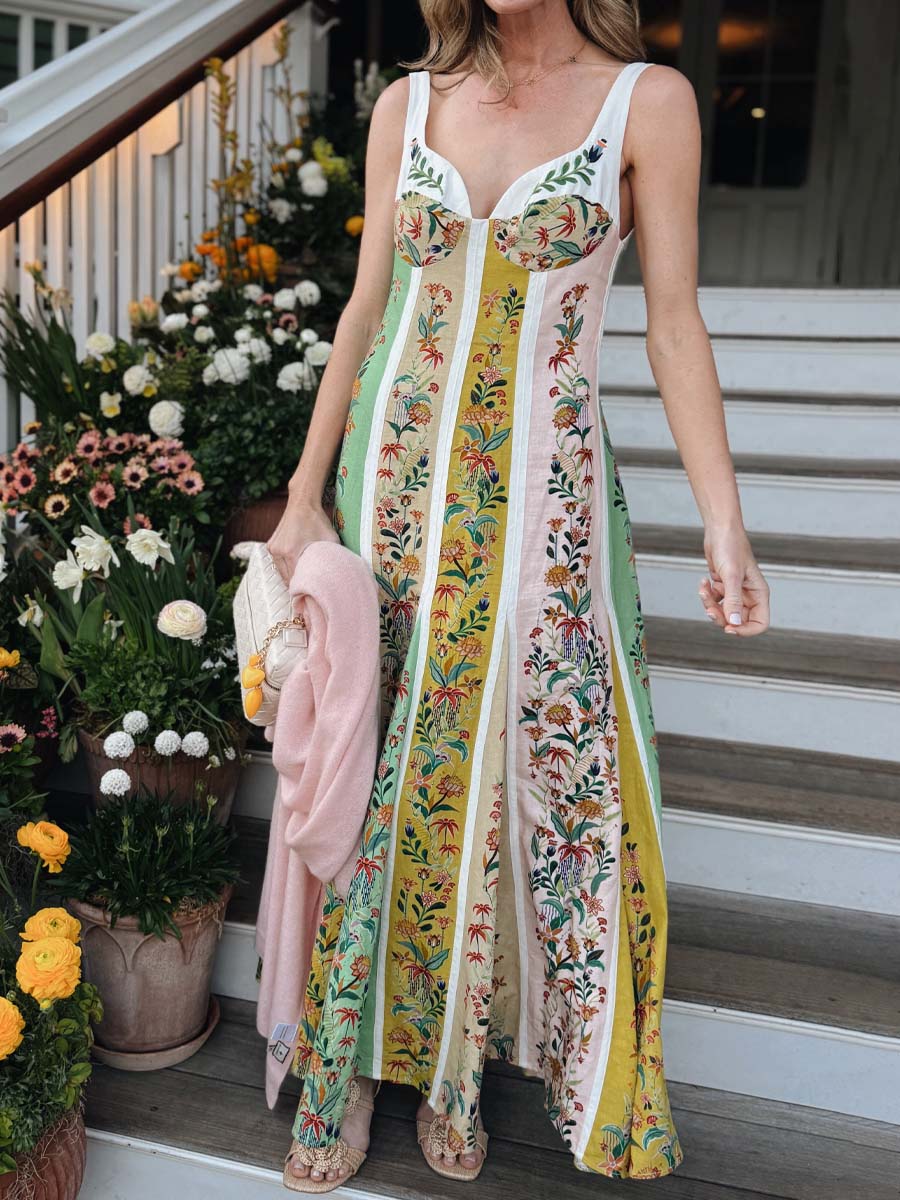 Floral Stripes Multicolor Sleeveless Dress