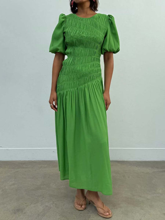 Elastic Shirring Tie Neck Dress