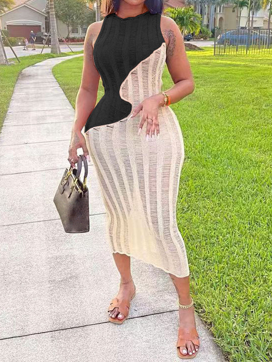 Sexy Sleeveless Knitted Color Block Dress