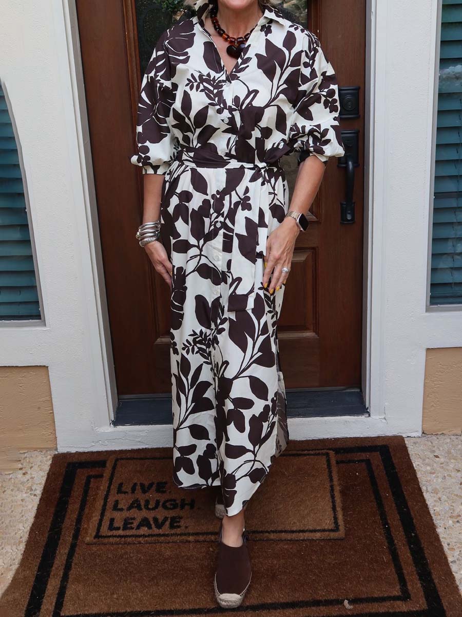 V Neck Slit Hem Printed Maxi Dress