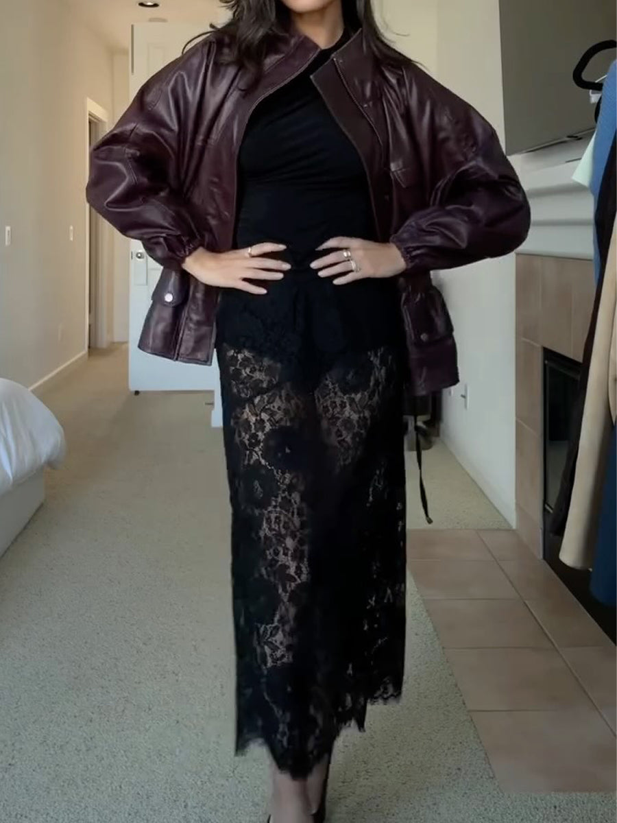 Stand Collar PU Elastic Cuffs Jacket