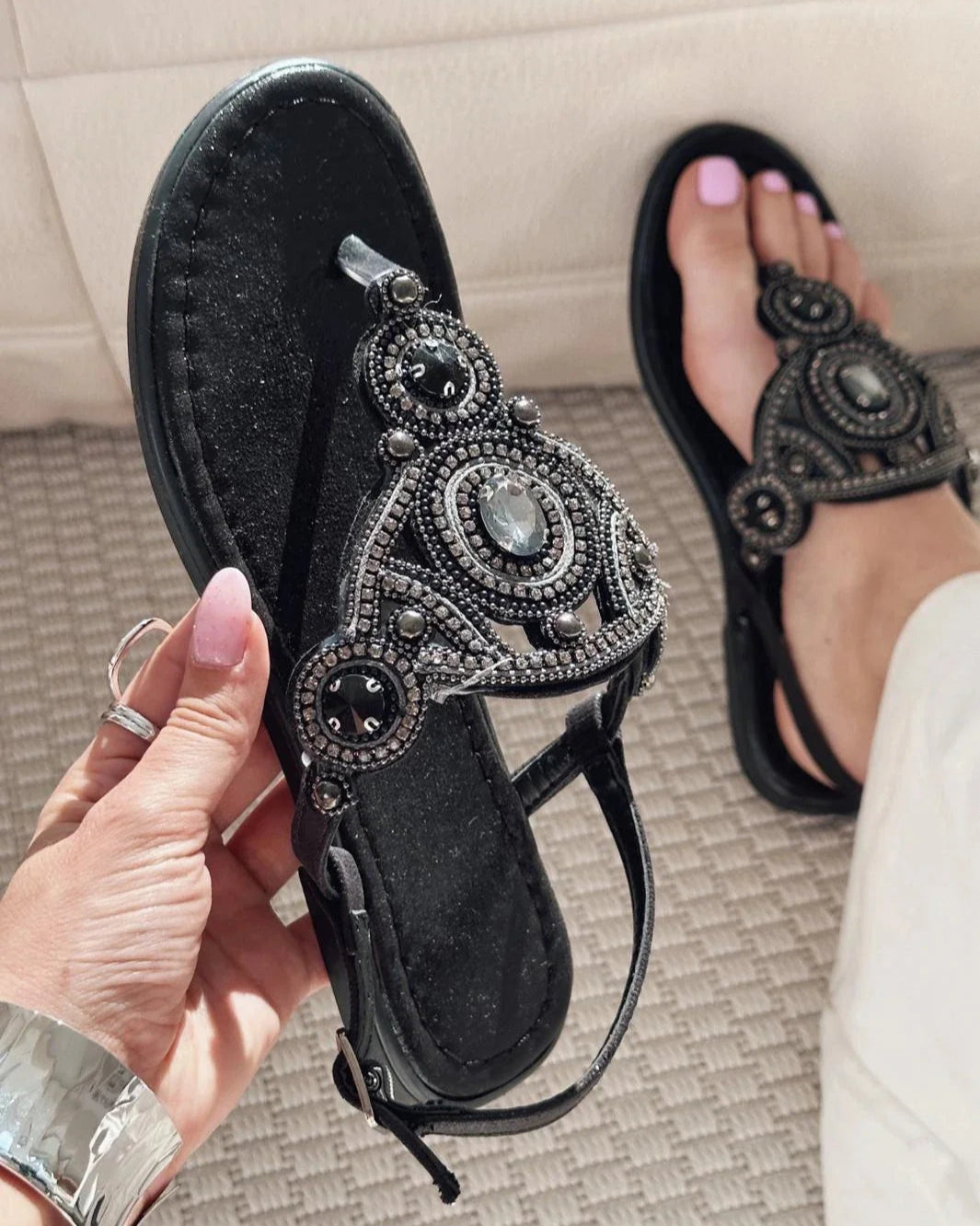 Ornate Rhinestone Thong Sandals