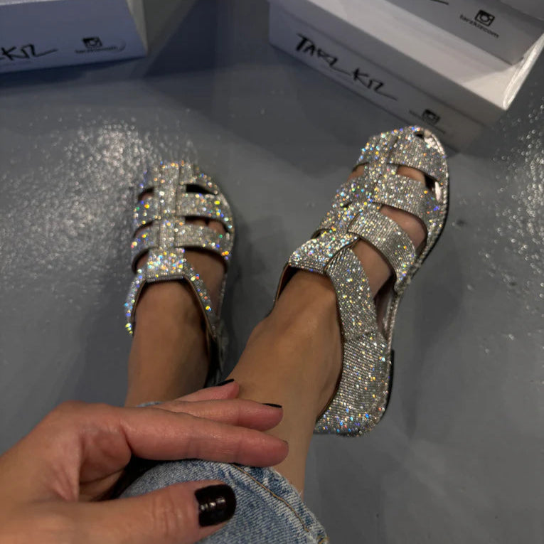Rhinestone - Embellished Caged Flat Sandals