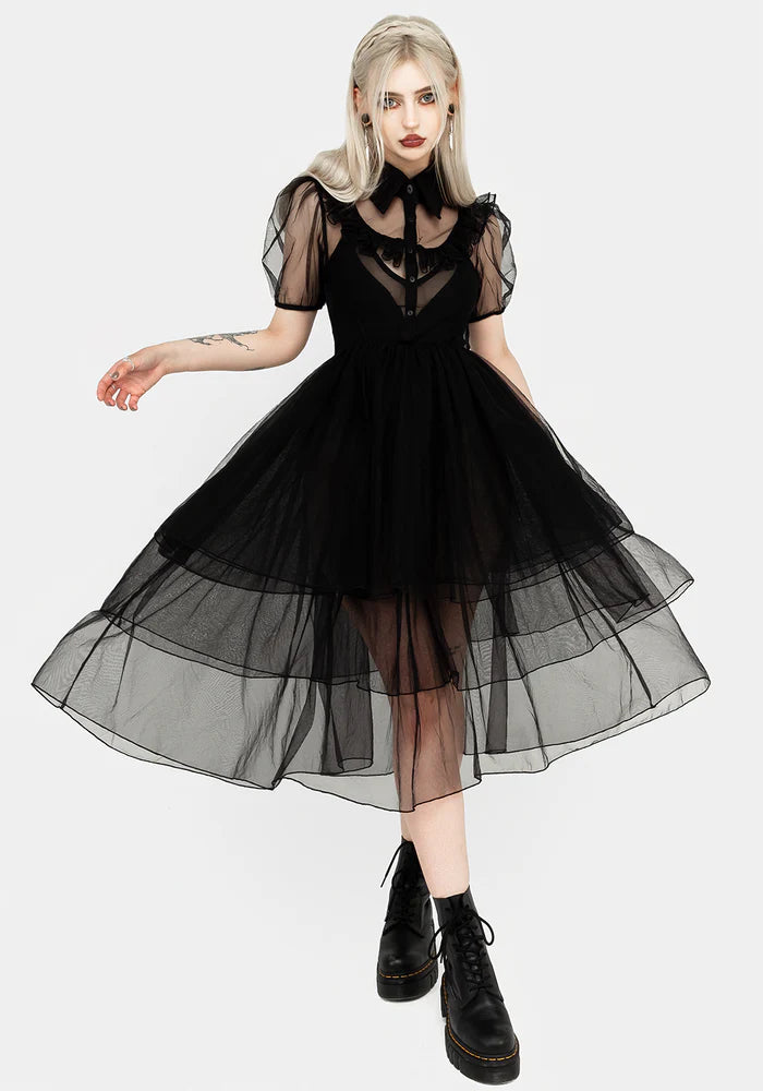 Black Tulle Ruffled Shirt - Collar Midi Dress