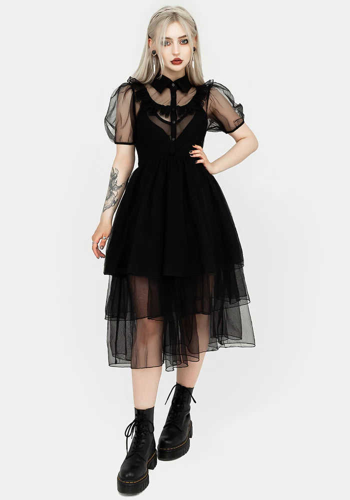 Black Tulle Ruffled Shirt - Collar Midi Dress