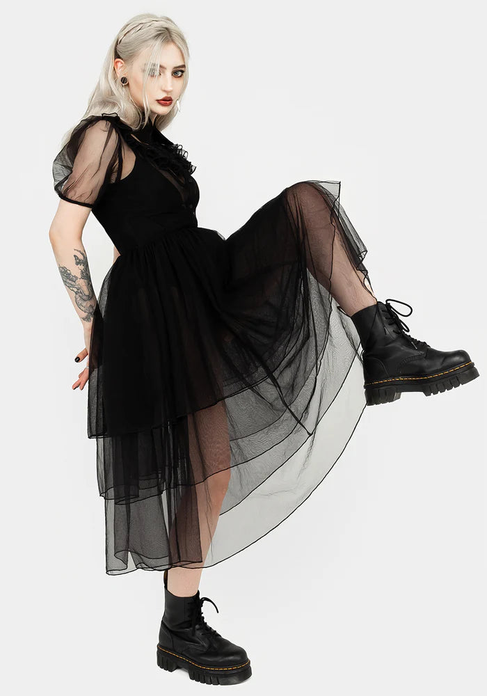 Black Tulle Ruffled Shirt - Collar Midi Dress