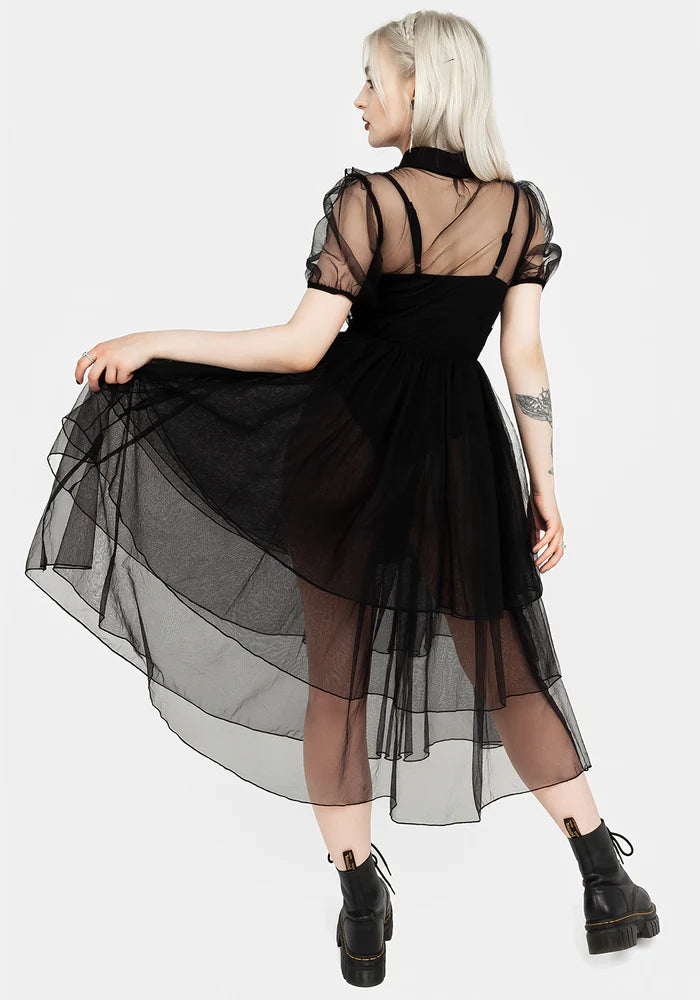 Black Tulle Ruffled Shirt - Collar Midi Dress