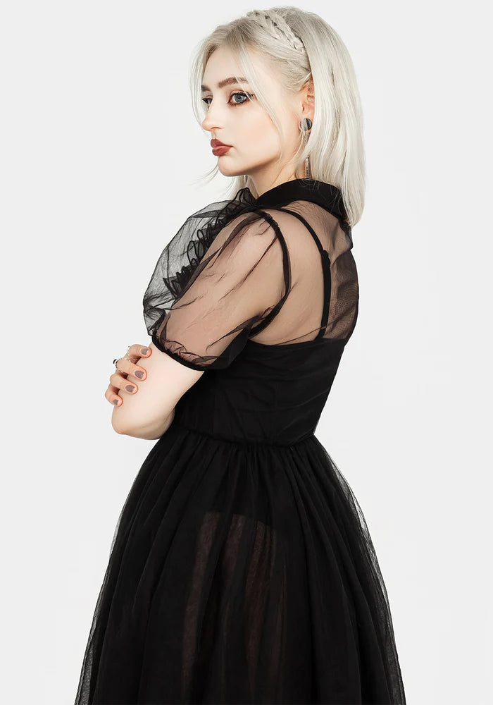 Black Tulle Ruffled Shirt - Collar Midi Dress