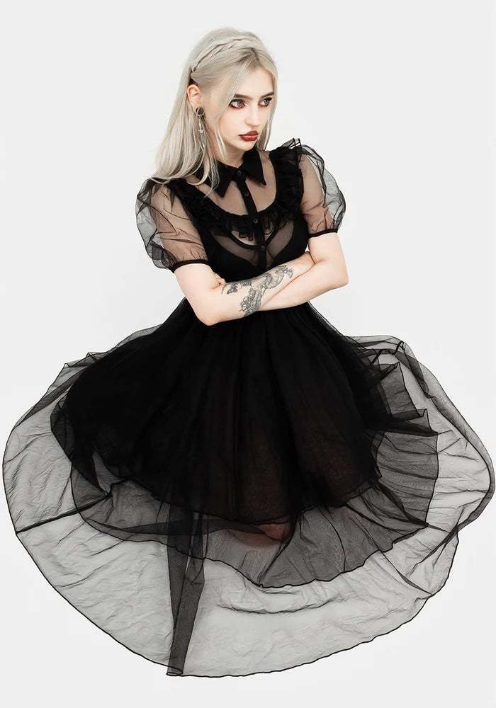 Black Tulle Ruffled Shirt - Collar Midi Dress