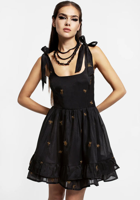 Black Embroidered Bow - Strap Mini Dress