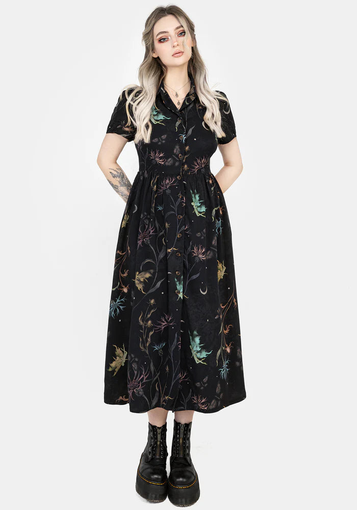 Dark Floral Shirt - Collar Midi Dress