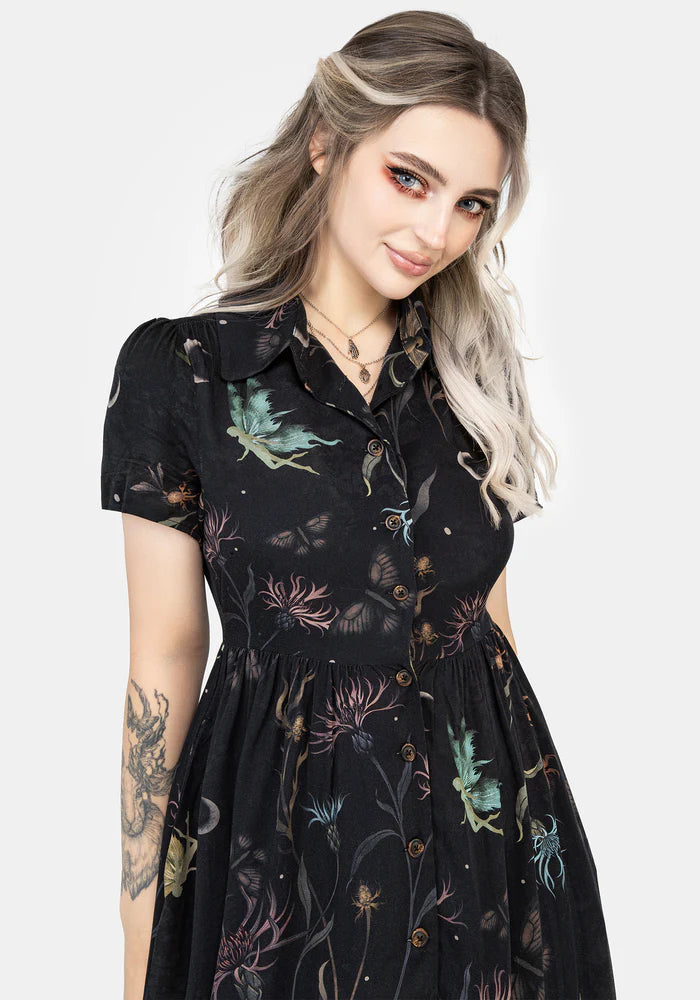 Dark Floral Shirt - Collar Midi Dress