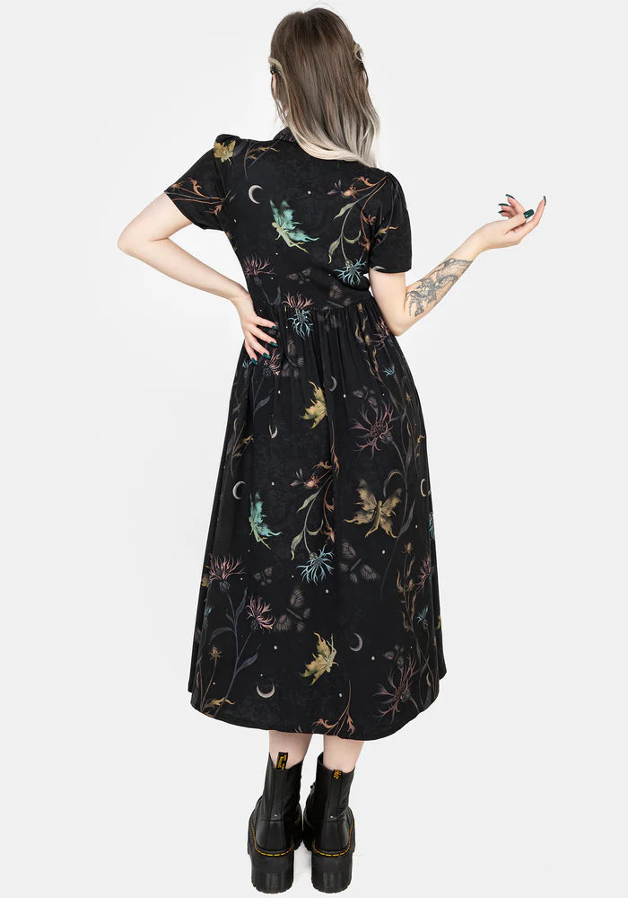 Dark Floral Shirt - Collar Midi Dress