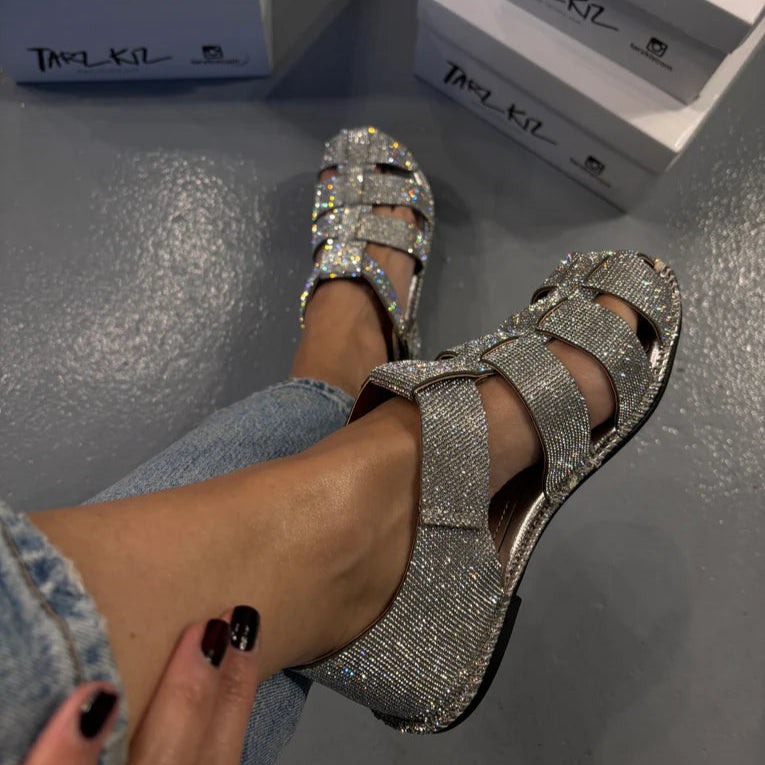 Rhinestone - Embellished Caged Flat Sandals