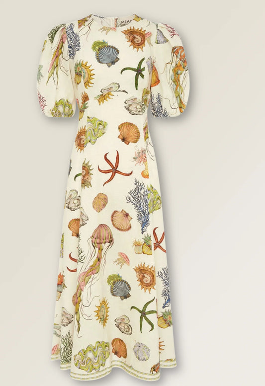 Marine - Themed Printed Puff - Sleeve Midi Dress