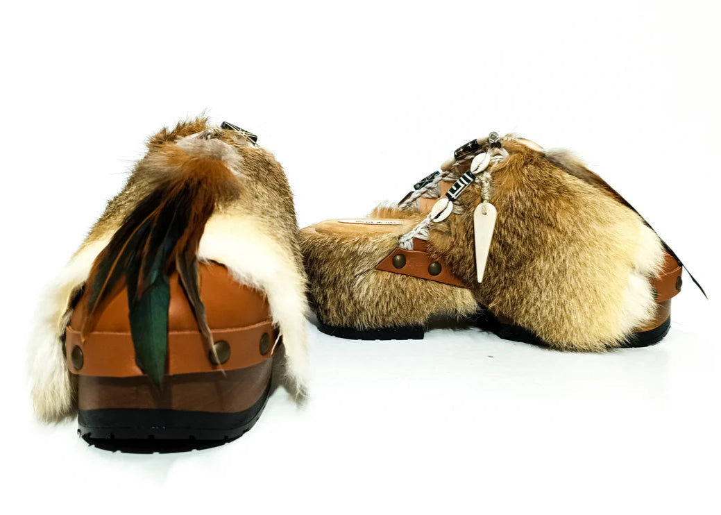 Fur - Trimmed Feather - Accent Platform Clog Mules