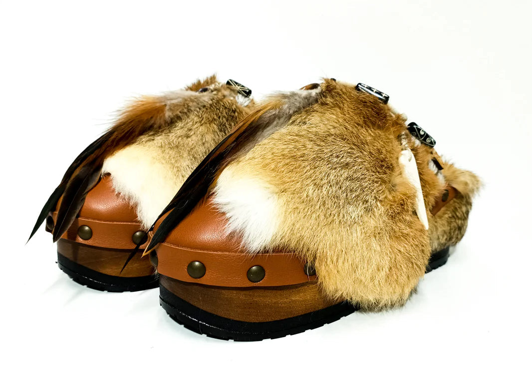 Fur - Trimmed Feather - Accent Platform Clog Mules