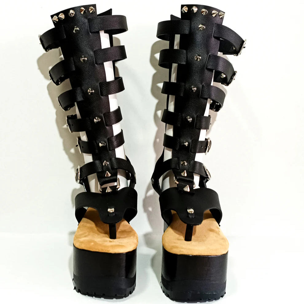 Black Multi - Buckle Strappy Wooden Platform Gladiator Sandals