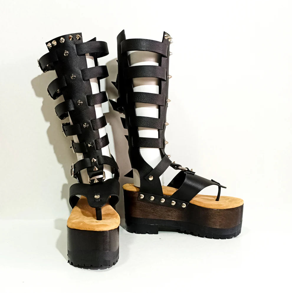 Black Multi - Buckle Strappy Wooden Platform Gladiator Sandals