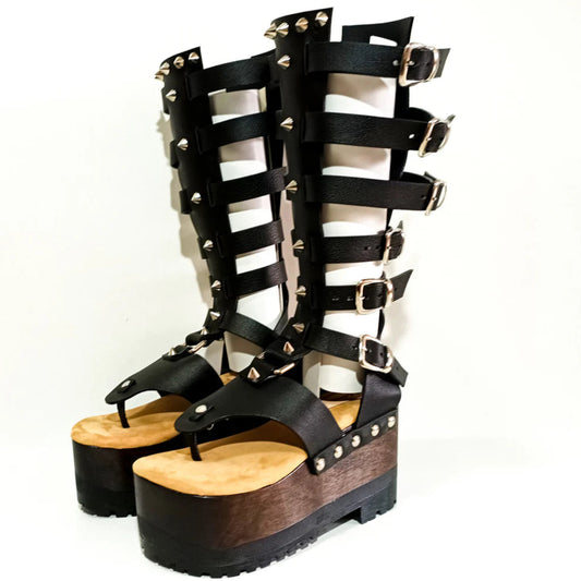 Black Multi - Buckle Strappy Wooden Platform Gladiator Sandals