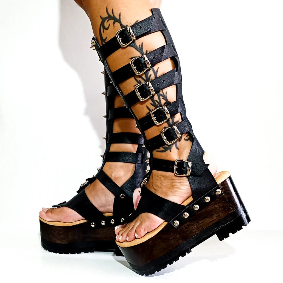 Black Multi - Buckle Strappy Wooden Platform Gladiator Sandals