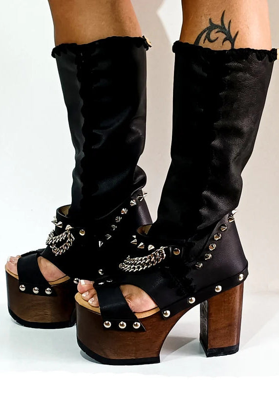 Black Leather Chain - Accent Platform Gladiator Sandals