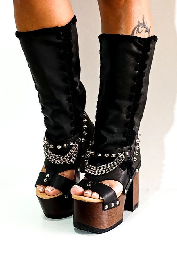 Black Leather Chain - Accent Platform Gladiator Sandals