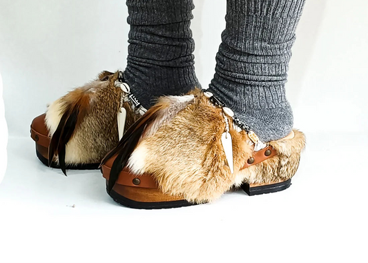 Fur - Trimmed Feather - Accent Platform Clog Mules