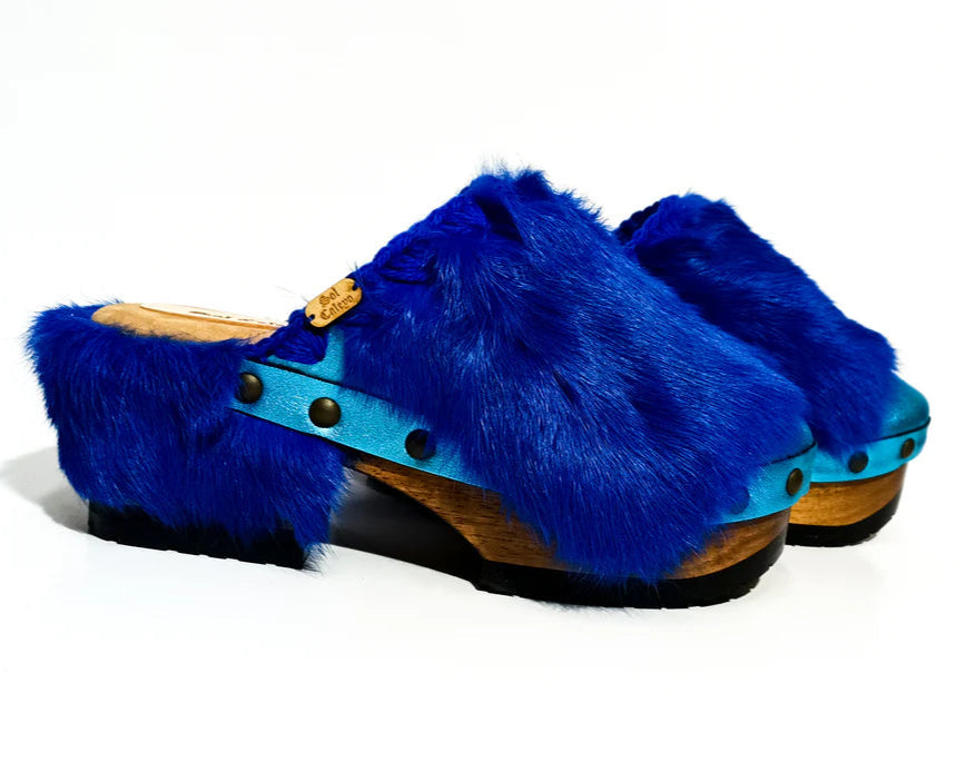 Blue Faux Fur - Lined Wooden Clogs
