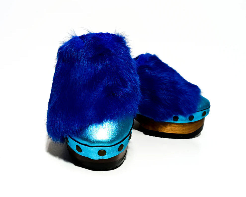 Blue Faux Fur - Lined Wooden Clogs