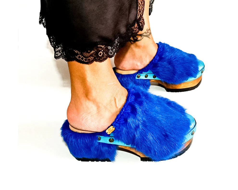 Blue Faux Fur - Lined Wooden Clogs