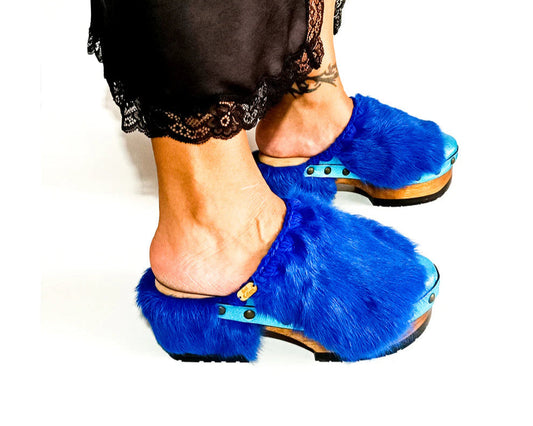 Blue Faux Fur - Lined Wooden Clogs