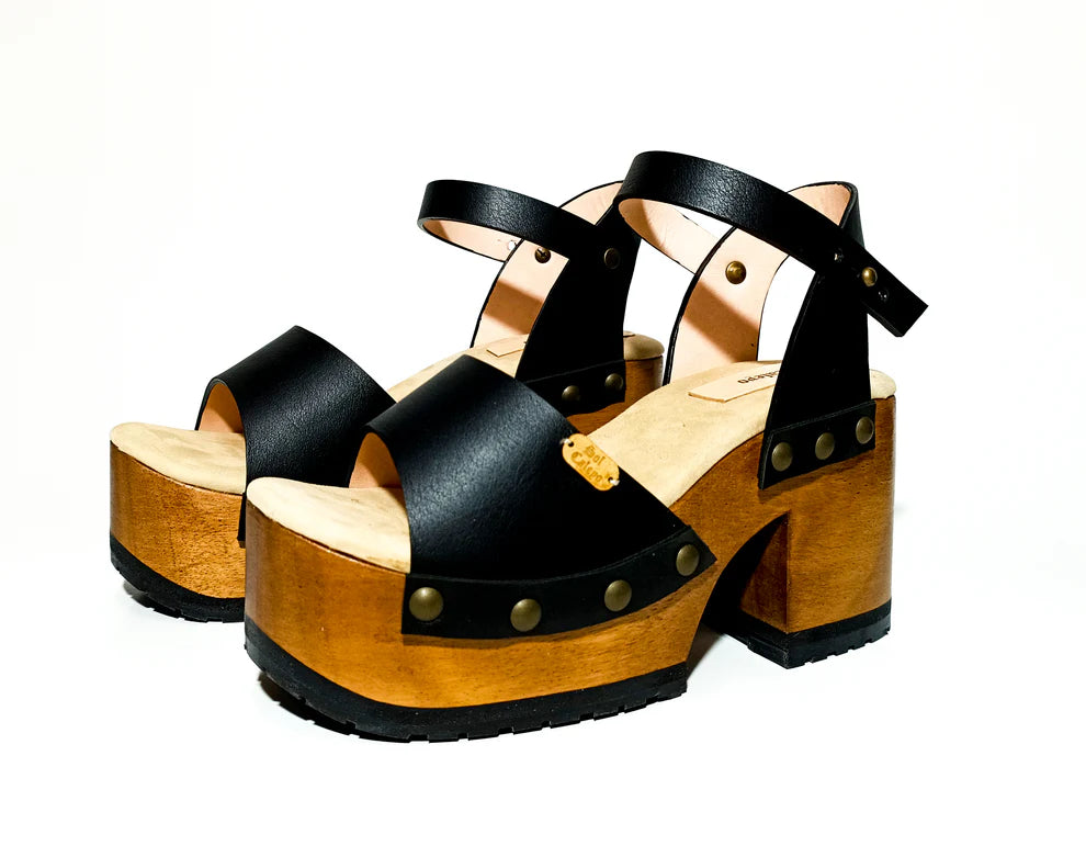 Black Strap Wooden Platform Sandals