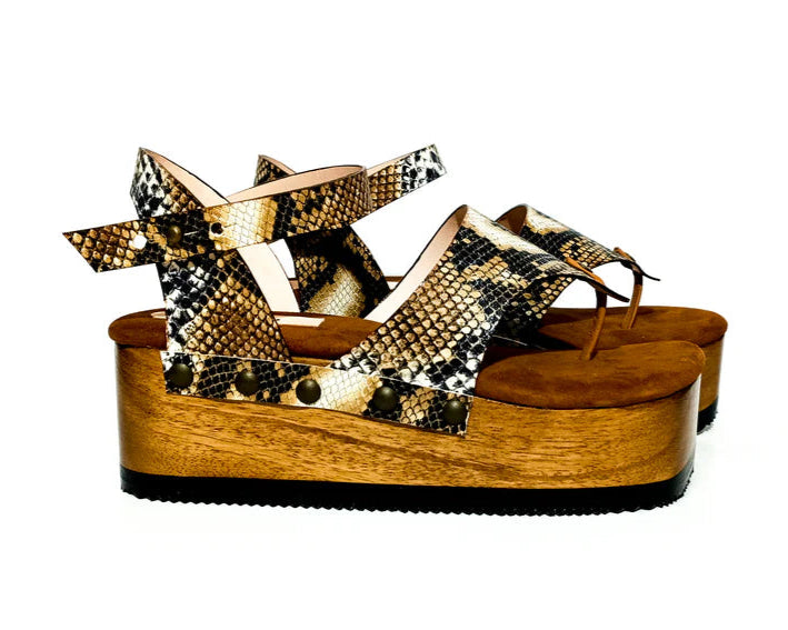 Snake - Print Wooden Platform Thong Sandals