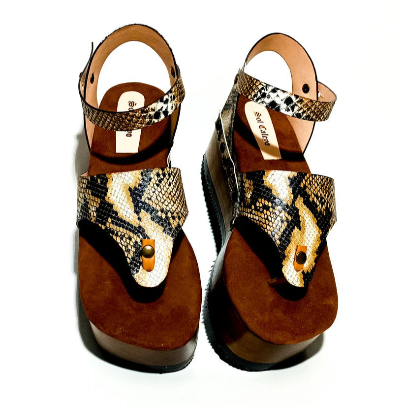 Snake - Print Wooden Platform Thong Sandals