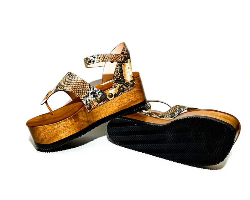 Snake - Print Wooden Platform Thong Sandals