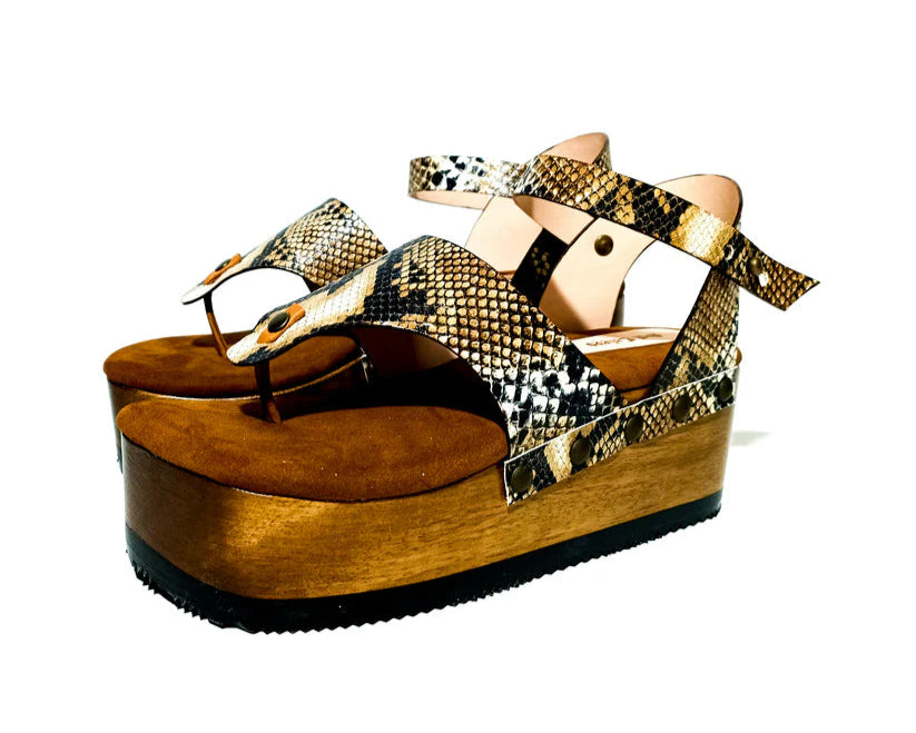 Snake - Print Wooden Platform Thong Sandals