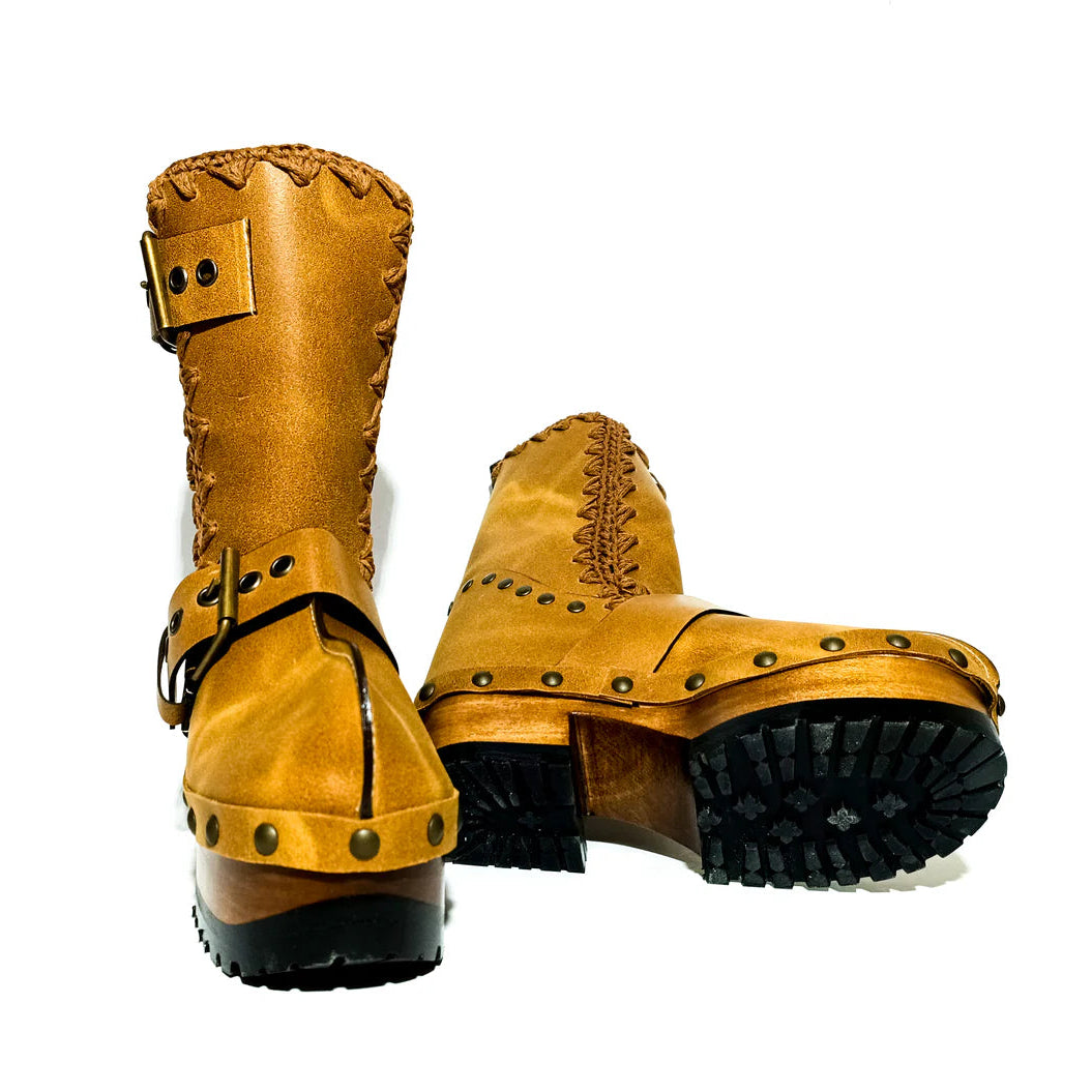 Tan Leather Studded Buckle - Strap Platform Clog Boots