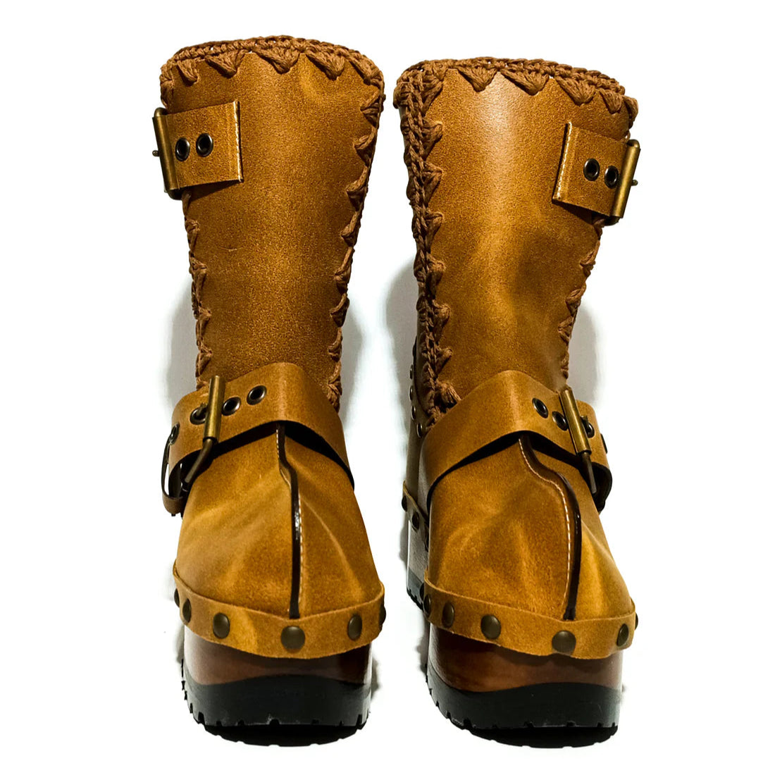 Tan Leather Studded Buckle - Strap Platform Clog Boots