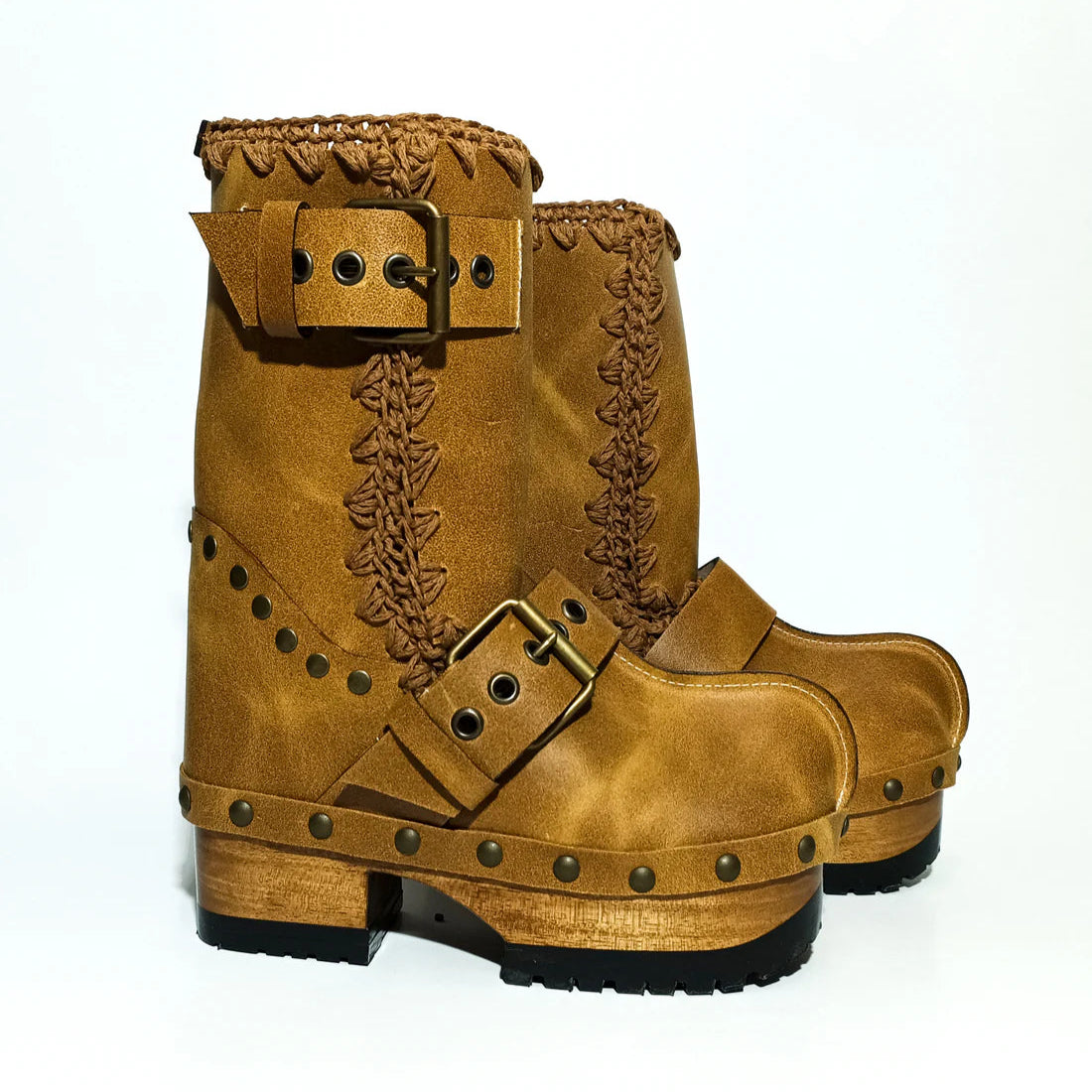 Tan Leather Studded Buckle - Strap Platform Clog Boots