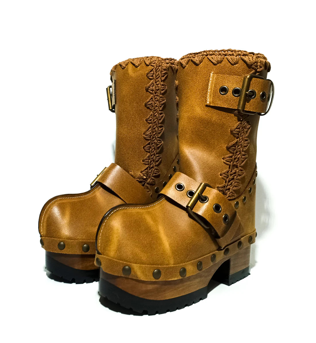 Tan Leather Studded Buckle - Strap Platform Clog Boots